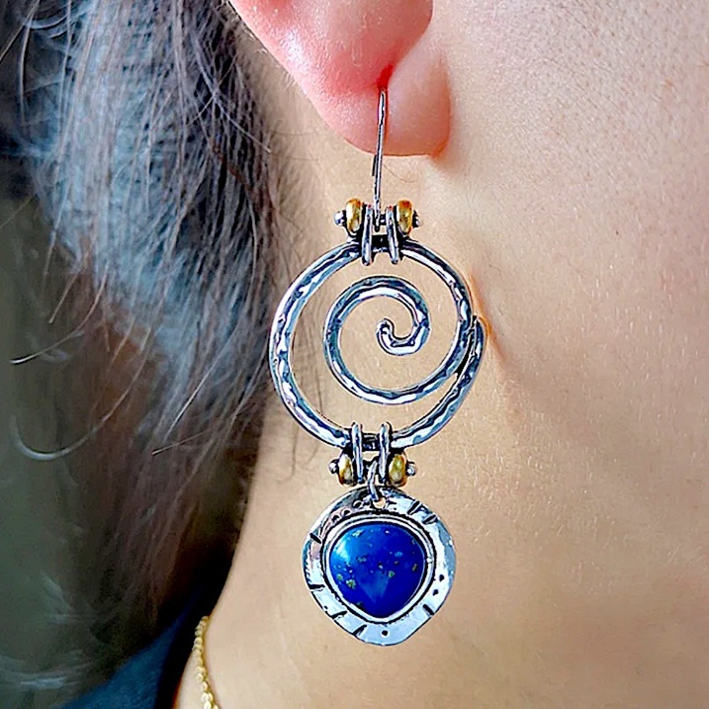 Boho Silver Blue Lapis Spiral Drop Earrings Vintage Style - Picture 2 of 4